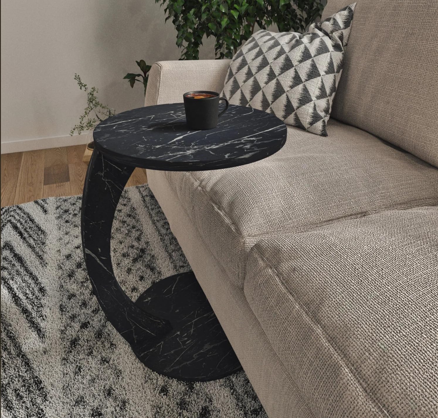 Masuta de cafea rotunda cu roti, din PAL melaminat – 38 cm diametru, 56 cm inaltime