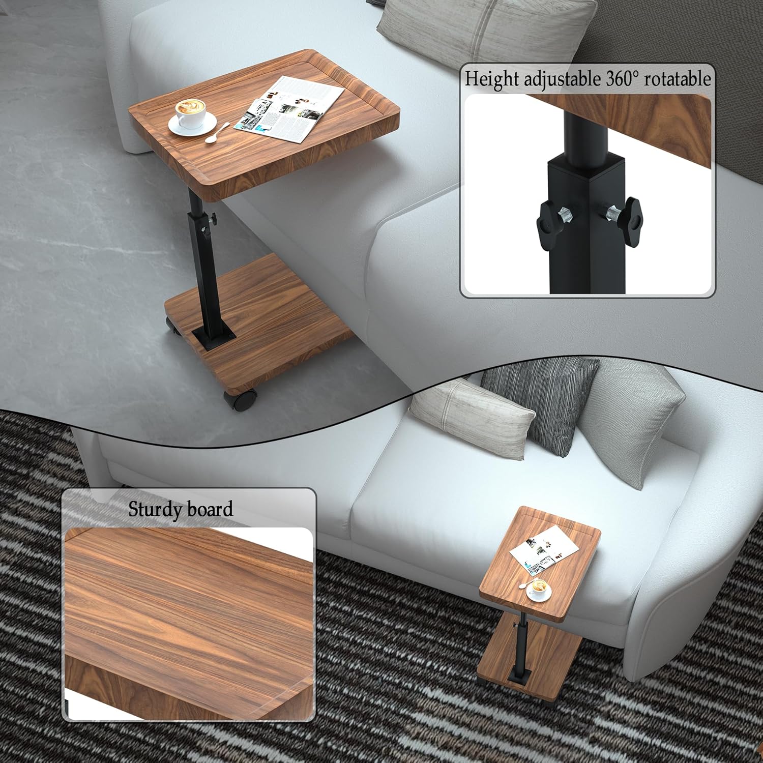 Masuta portabila pentru cafea, 2 blaturi MDF, inaltime ajustabila 45-80 cm, blat superior 40 x 30 cm, maro