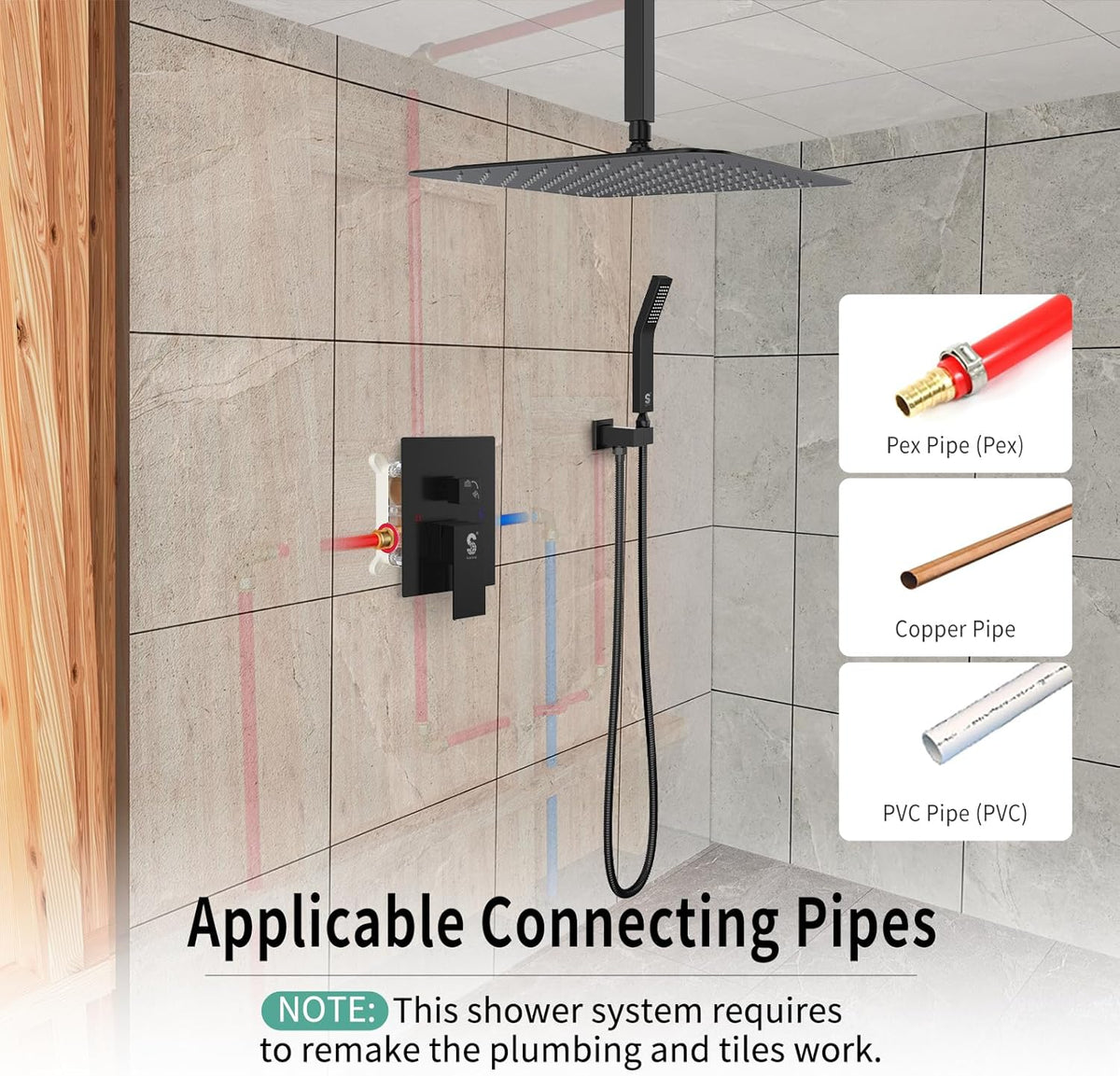 Set de dus incastrat cu para patrata de 25 cm, negru mat sau gri, cu 2 functii de curgere a apei