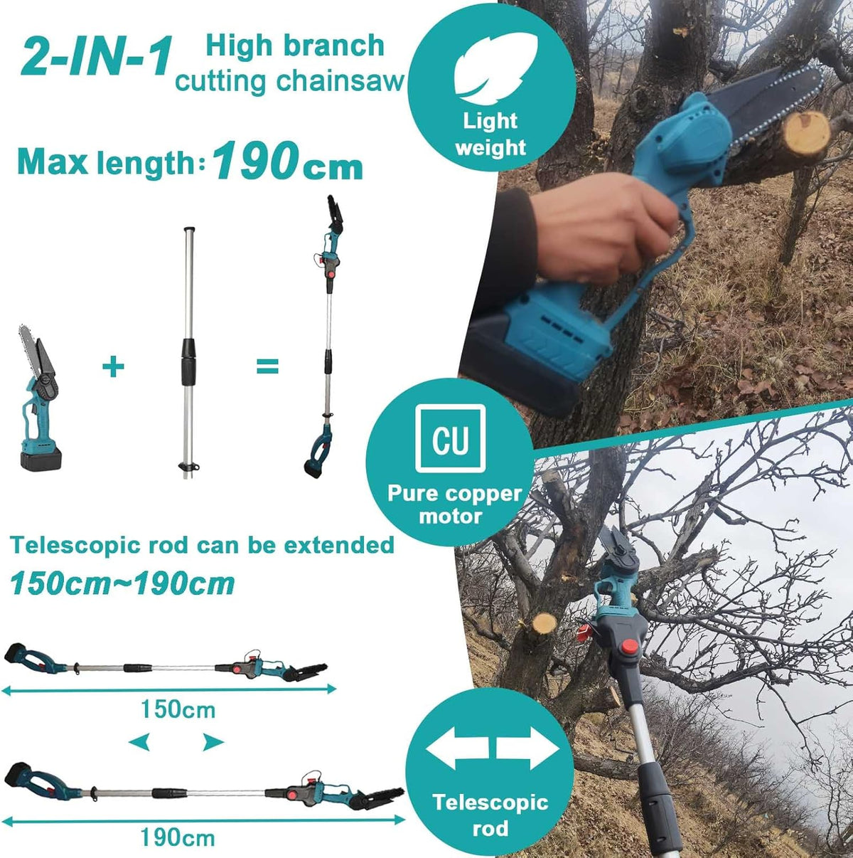 Set foarfeca gradina si mini drujba, 2 acumulatori 48V, cu brat 2.13m telescopic