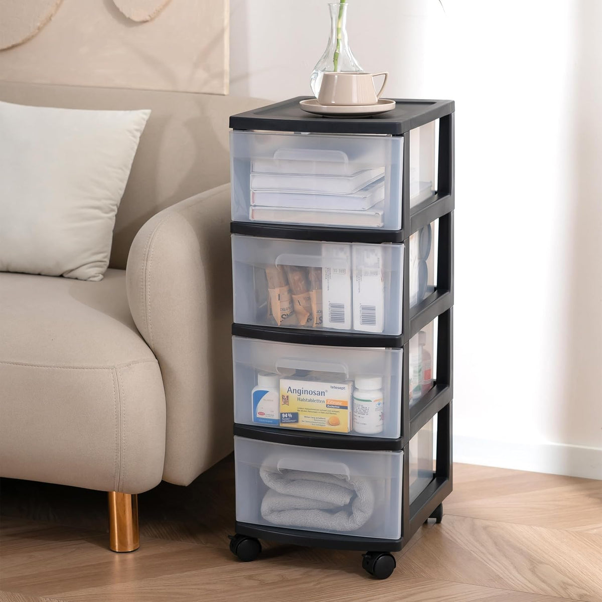 Dulap pe roti cu sertare transparenter, 4 x 20 L, Transparent