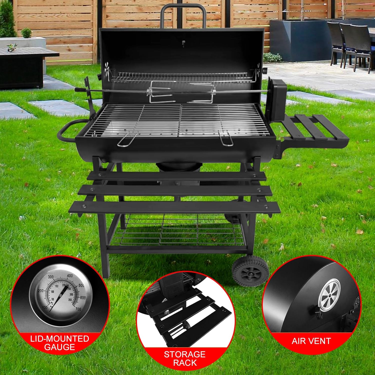 Gratar cu capac si termometru 105,5x85x118 cm – rafturi laterale, roti si aerisire reglabila