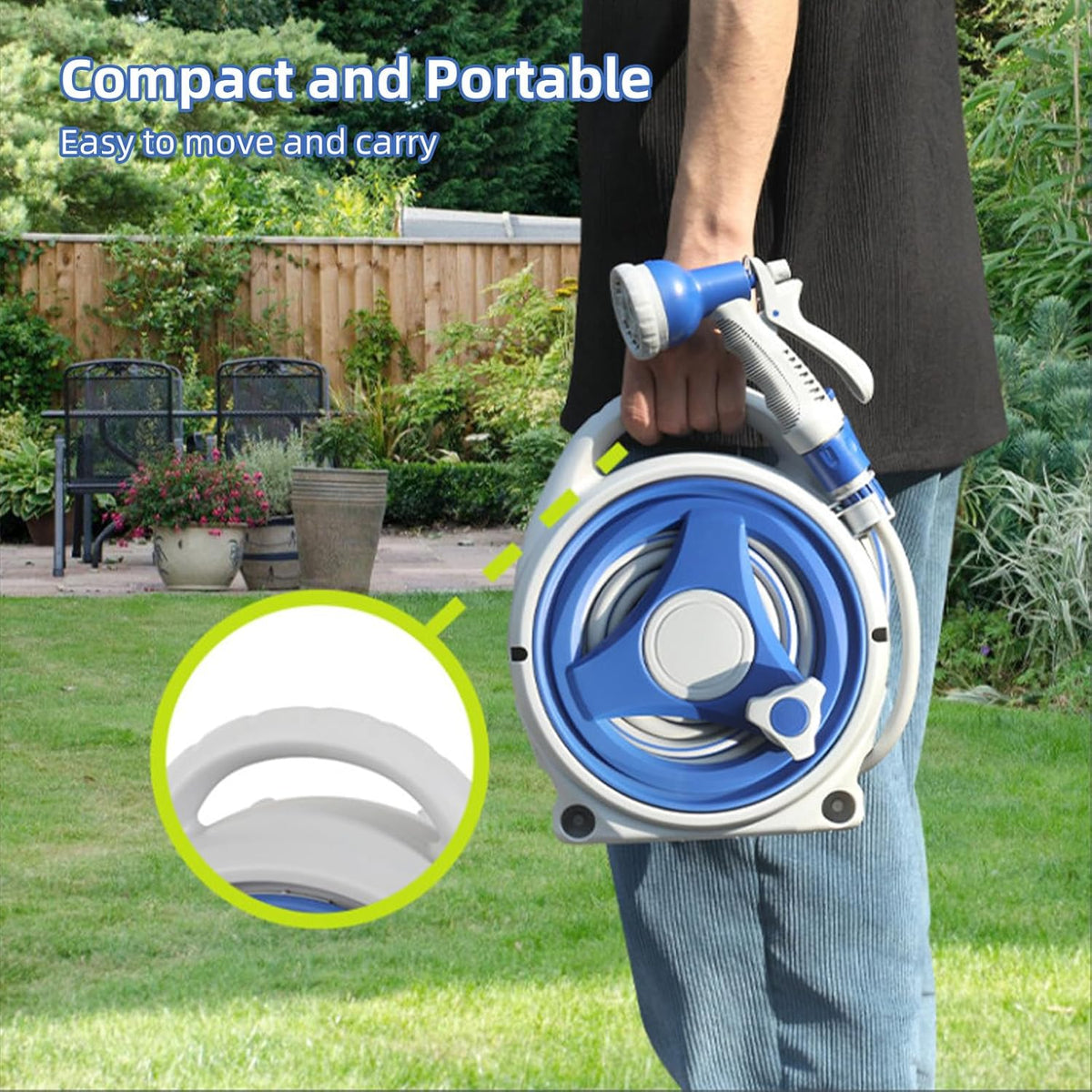 Furtun gradina extensibil cu tambur, pistol cu 8 jeturi, sistem de blocare automată – 15m