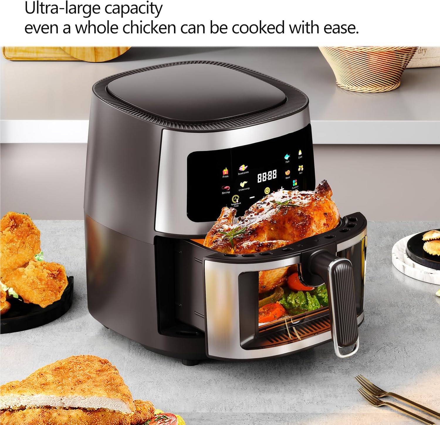 Friteuza cu aer cald, Air Fryer 8L, 2400 W, afisaj digital LCD color, Touch control, otel inoxidabil
