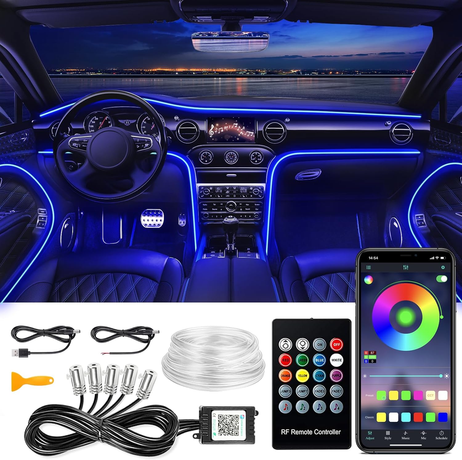 Set lumini ambientale premium, auto, pentru bord si usi lungime fir 6M, 5 unitati, aplicatie dedicata iOS, Android, telecomanda