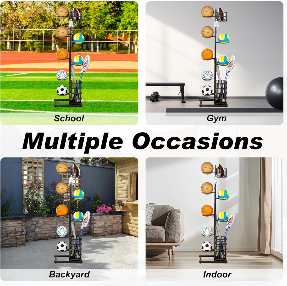 Raft de depozitare multifuncțional pentru echipamente sportive cu 7 rafturi, carlige si cos