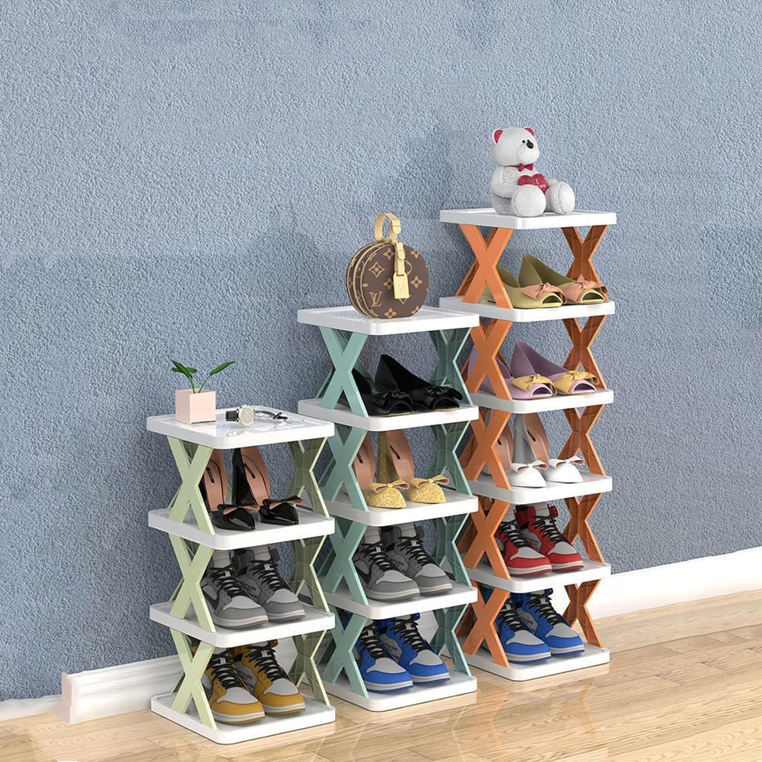 Pantofar cu 4,5 sau 6 rafturi, modulare, alb cu portocaliu/verde