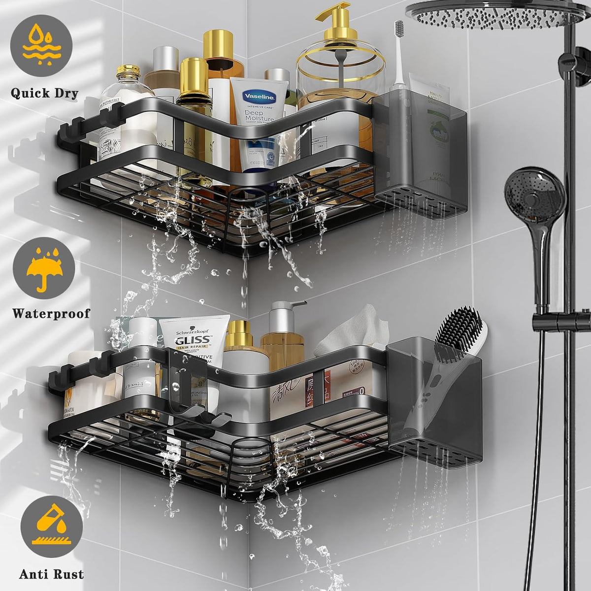 Set 2 rafturi de colt pentru baie sau bucatarie,5 piese, cu suport pentru periuta si pasta de dinti