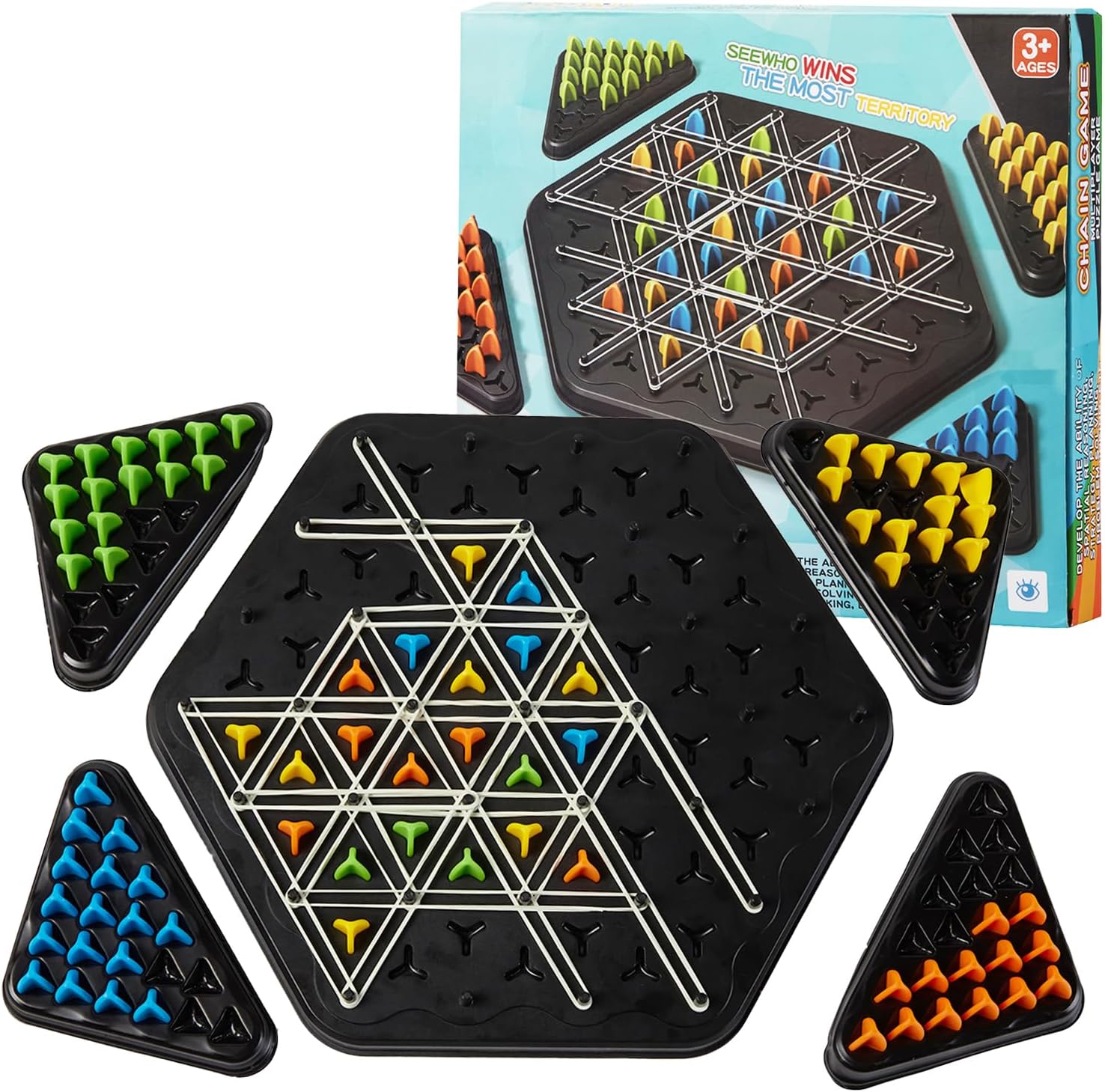 Joc interactiv de sah, educativ, cu benzi de cauciuc si triunghiuri geometrice, pentru copii