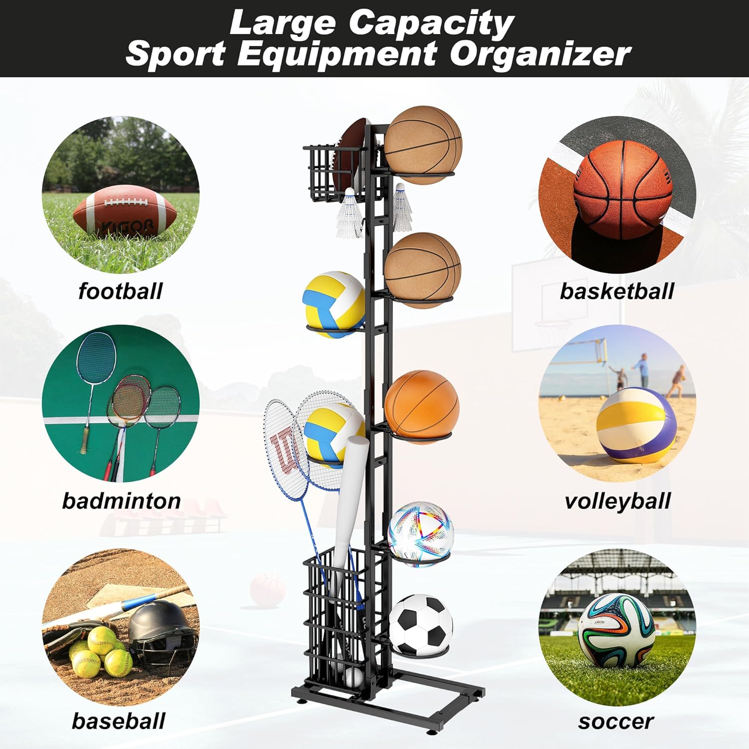 Raft de depozitare multifuncțional pentru echipamente sportive cu 7 rafturi, carlige si cos