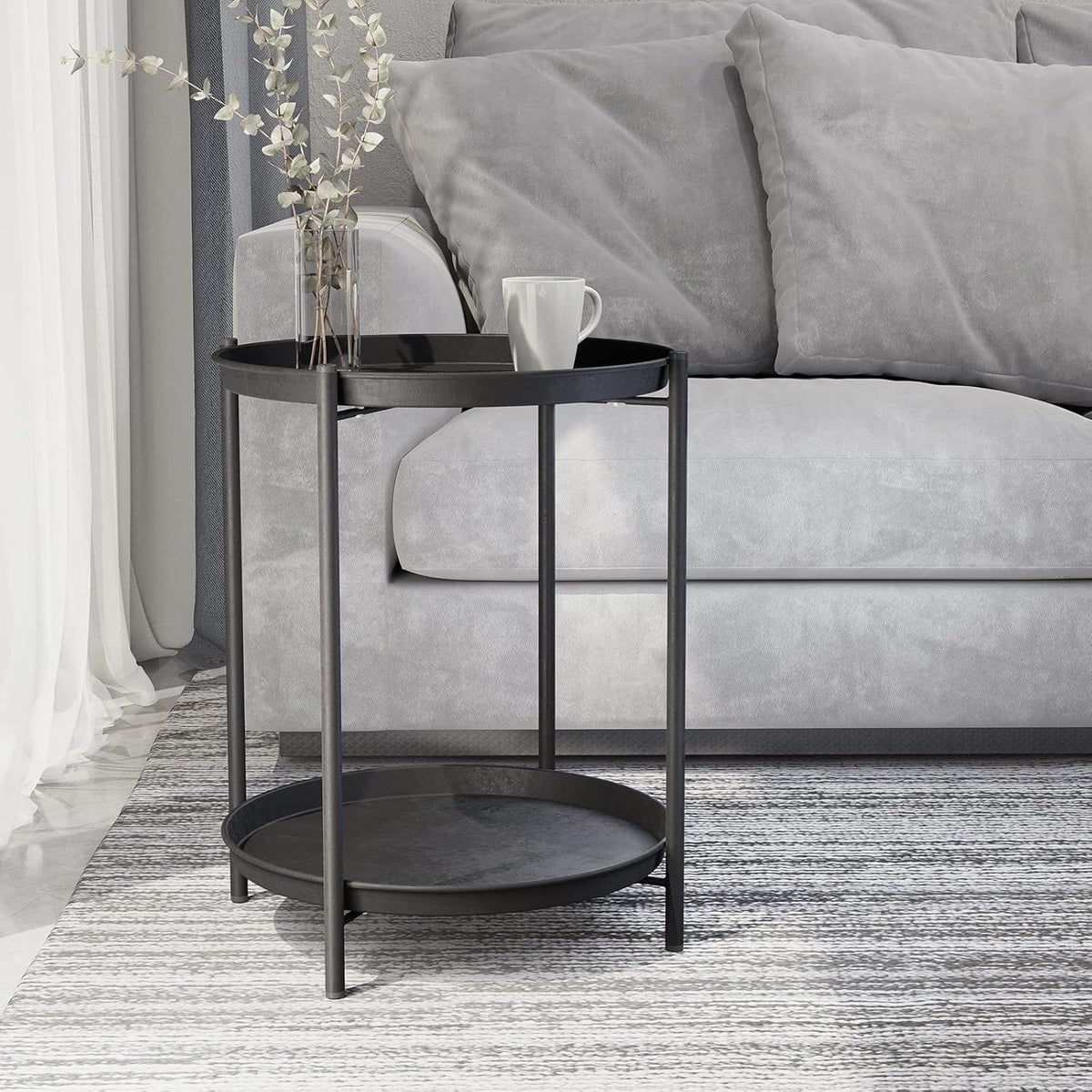 Masuta rotunda pentru cafea din metal, 2 nivele, 42 x 52 cm, negru