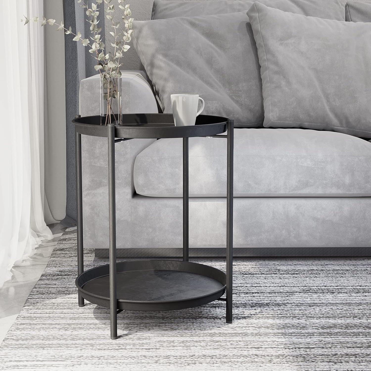 Masuta rotunda pentru cafea din metal, 2 nivele, 42 x 52 cm, negru