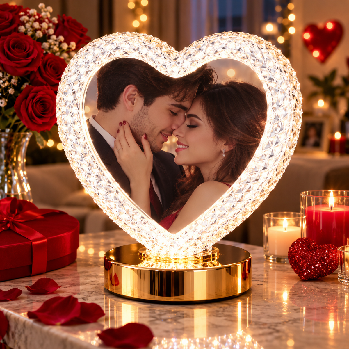 Rama Foto Inima cu LED Decorativa Finisaj Transparent Baza Metalica Cadou Cuplu Dimensiune 15x15 cm - detaliu produs