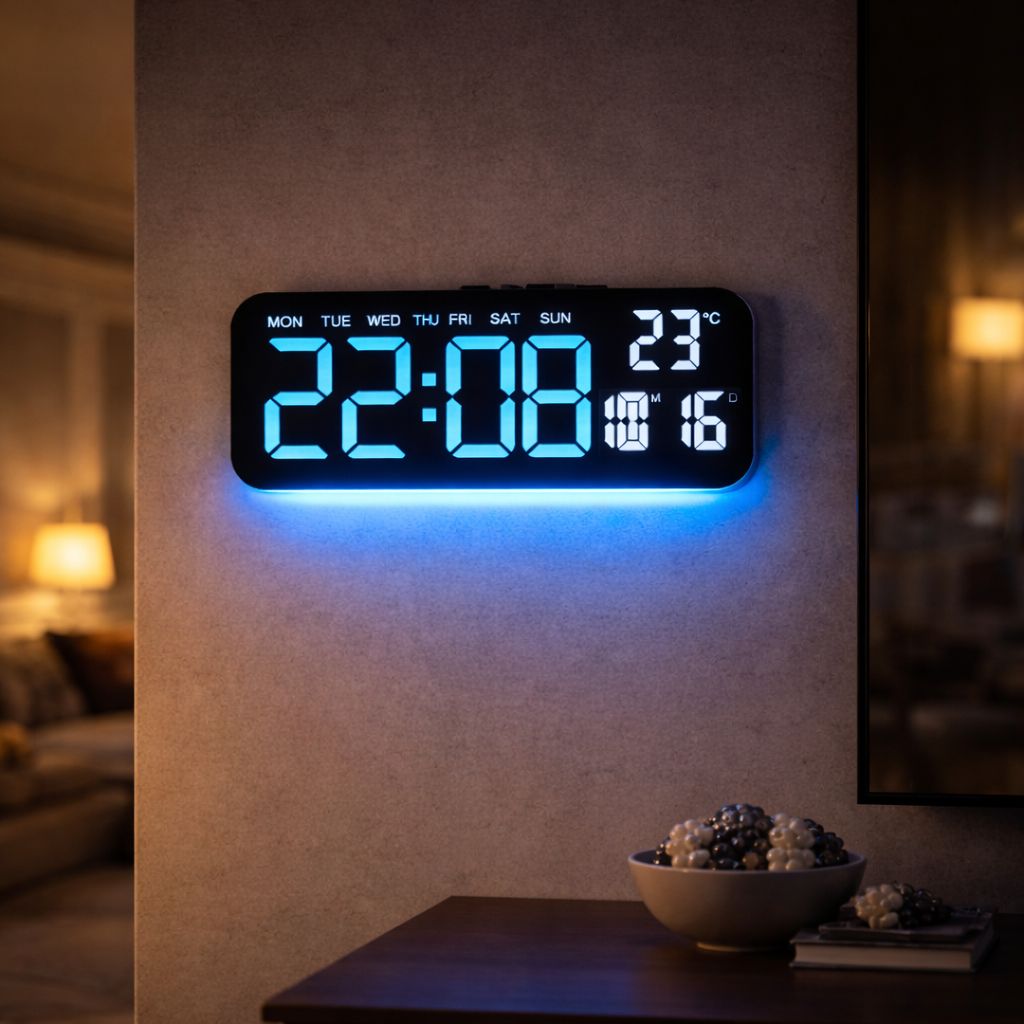 Ceas digital LED multifunctional cu afisaj mare si iluminare ambientala, 24 x9 cm