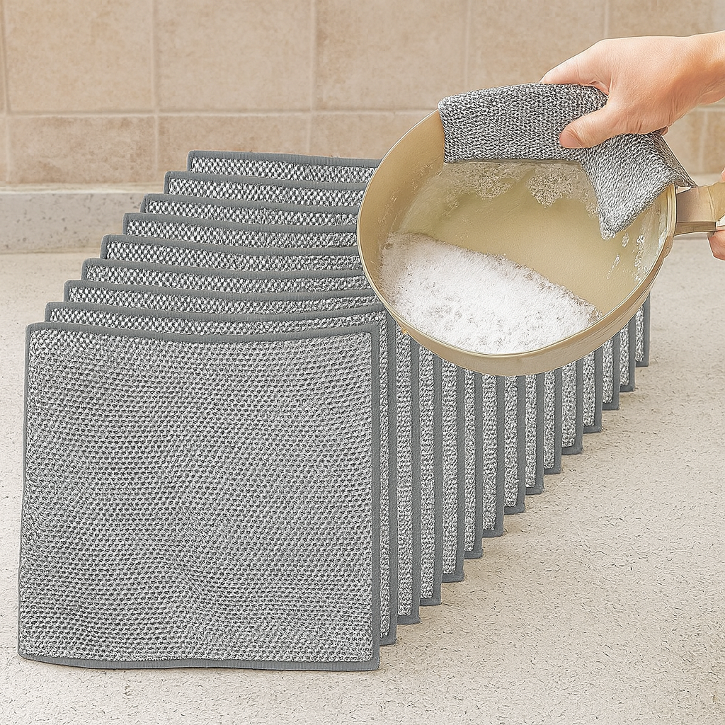 Set 10 lavete din microfibra metalica, abraziva, pentru vase, utilizare umeda si uscata, 20 x 20 cm, argintiu