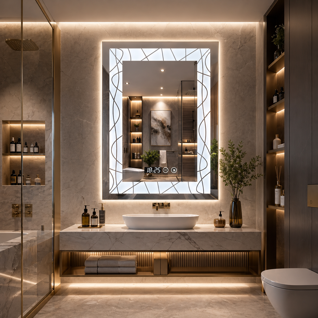 Oglinda LED 60X80 cm cu margini decorative, iluminare ambientala, touch si ceas digital