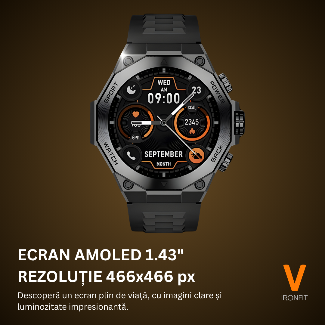 Ceas Smartwatch Barbati IRONFIT, Ecran AMOLED 1.43", Fitness, Sport, Apel Bluetooth, Notificari Limba Romana, Microfon HD, Rezistent Apa 5ATM, 2 Curele Incluse, Negru