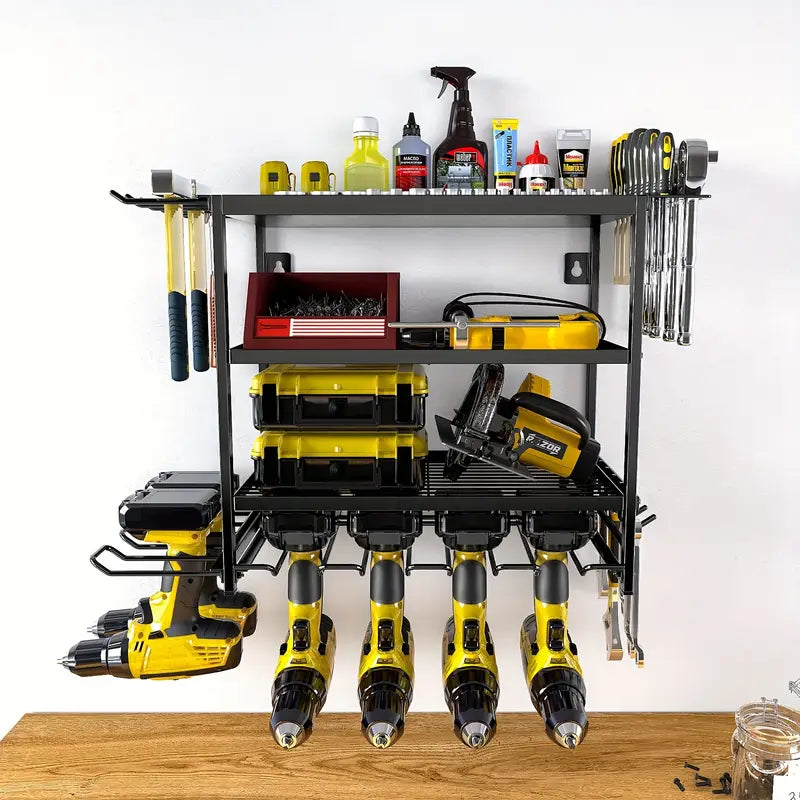 Raft pentru scule si unelte, din metal, cu montare pe perete, dimensiuni 60x41.5x24.5 cm, cu 4 compartimente de depozitare, carlige pentru agatare, negru