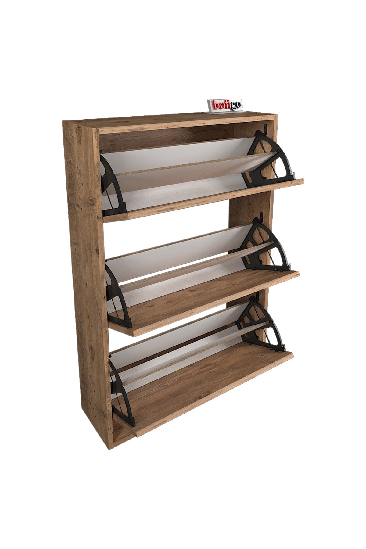Pantofar cu usa rabatabila si rafturi glisante, 3 compartimente, PAL melaminat de 18 mm, 110  x 73,5  x 22 cm