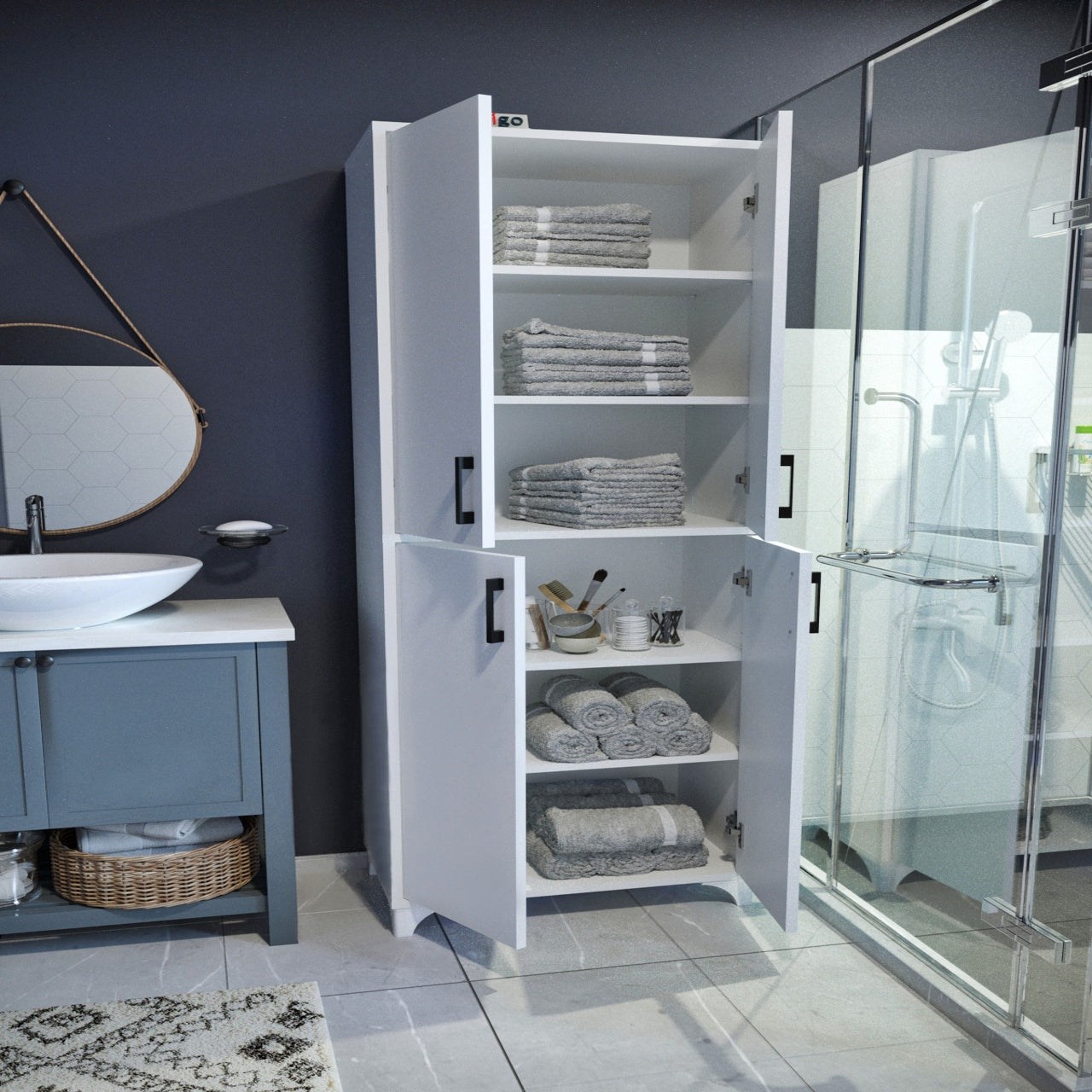 Dulap multifuncțional cu 4 uși și 6 compartimente, 62x36x186 cm, alb