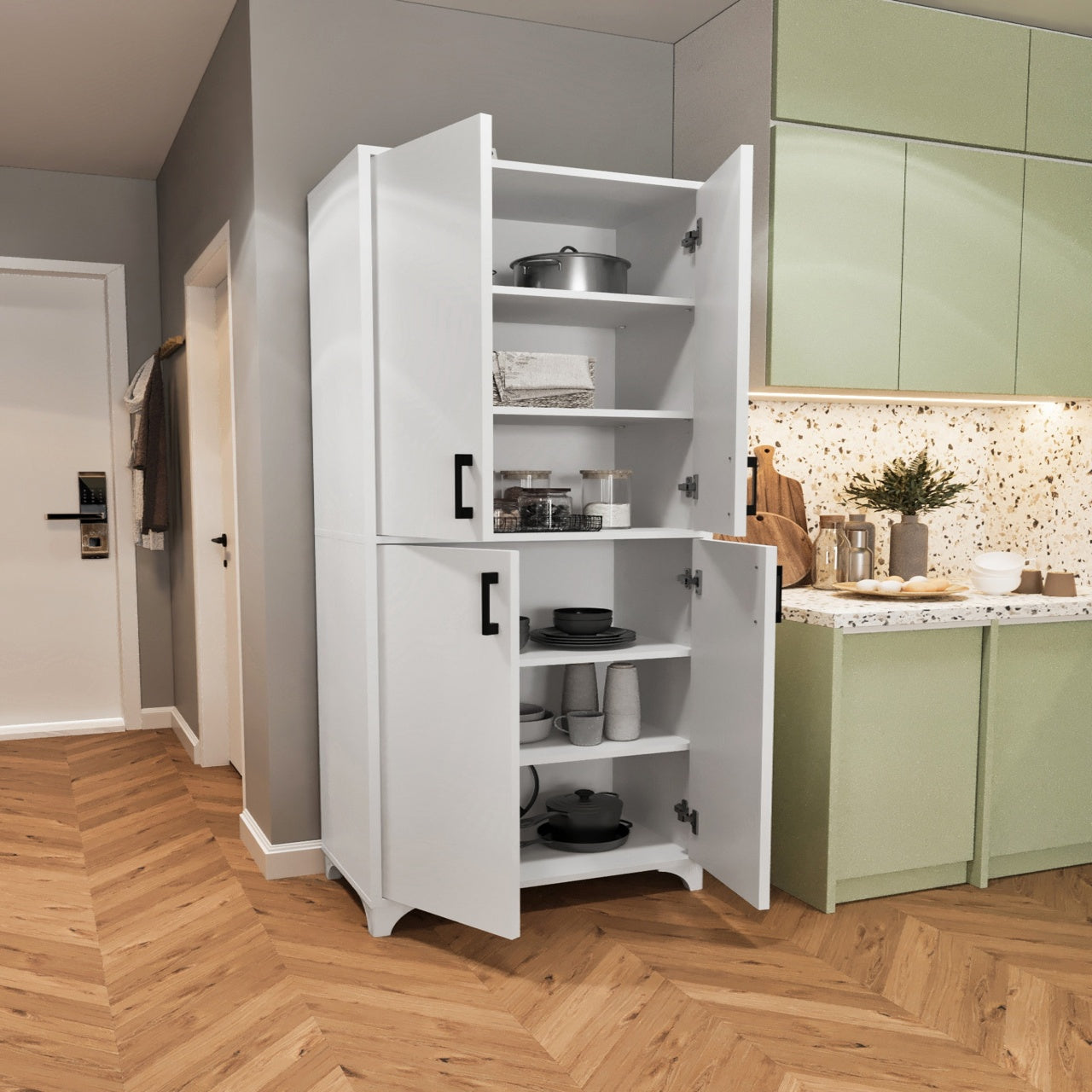 Dulap multifuncțional cu 4 uși și 6 compartimente, 62x36x186 cm, alb