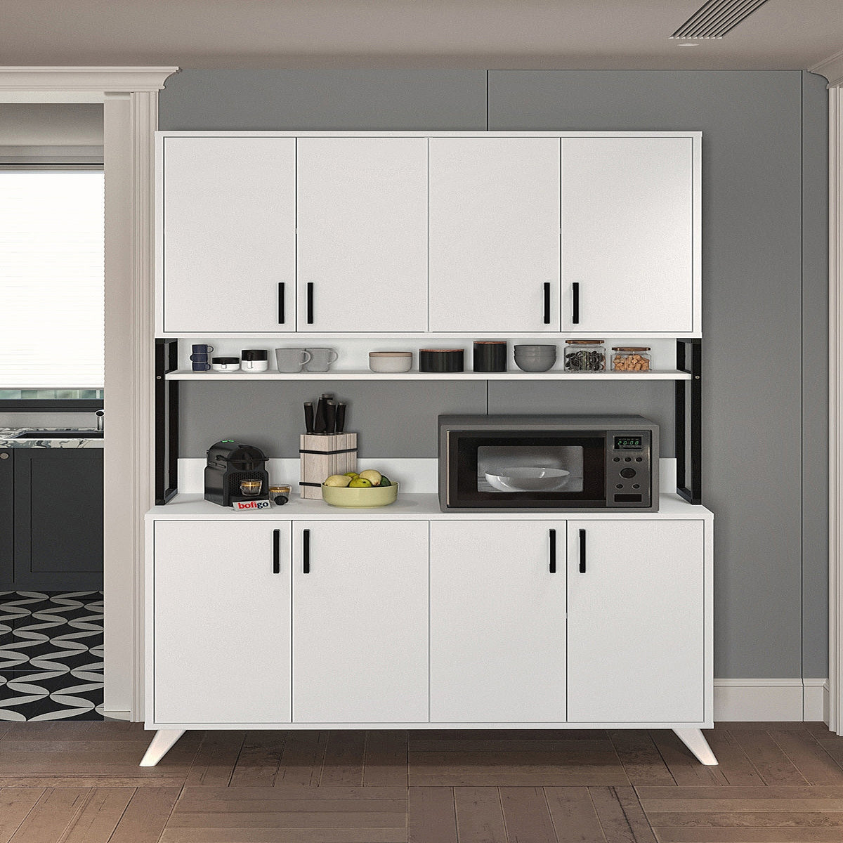 Dulap multifuncțional cu 8 uși, 120x40x202 cm, alb, cu structură metalică rezistentă