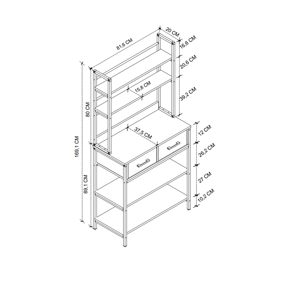 Suport de bucătărie cu 2 sertare și 5 rafturi 120x74x10 cm