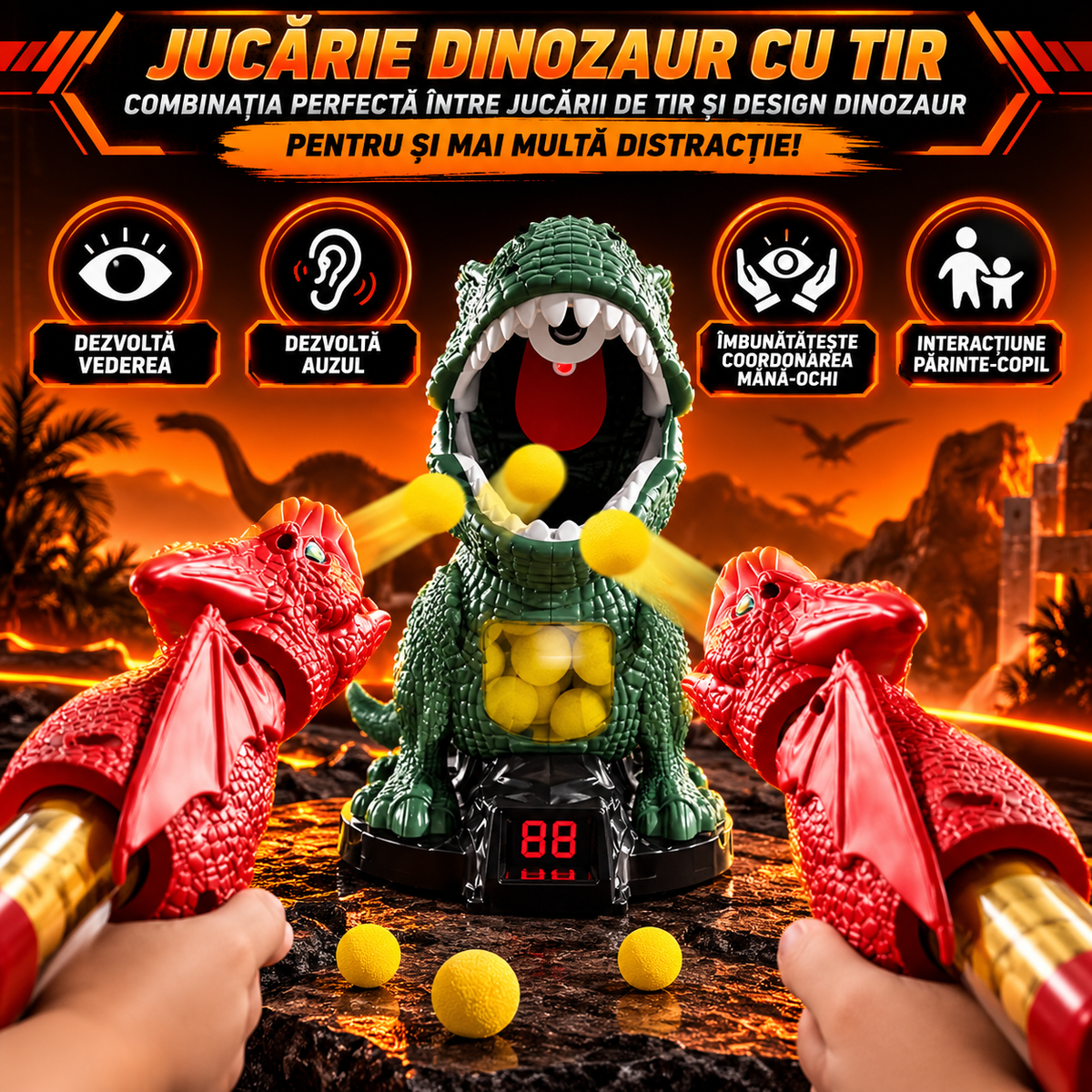 Jucarie Interactiva Tragere la Tinta Dinozaur cu Tinte Mobile, 2 Pusti, 24 Mingi Spuma, Pulverizare Apa, Ecran LED Scor, Copii 5-12 ani - detaliu produs