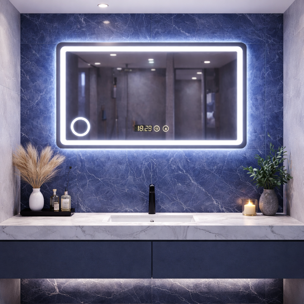 RESIGILAT - Oglinda LED premium, 90x70 cm, iluminare reglabila, lupa, touch, dezaburire, ceas