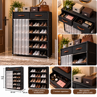 Pantofar Textil Premium cu 2 Sertare și 8 Rafturi, 95 × 30 × 123 cm, Structură Metalică, Rafturi Ajustabile și Perdea Antipraf, Negru - detaliu produs