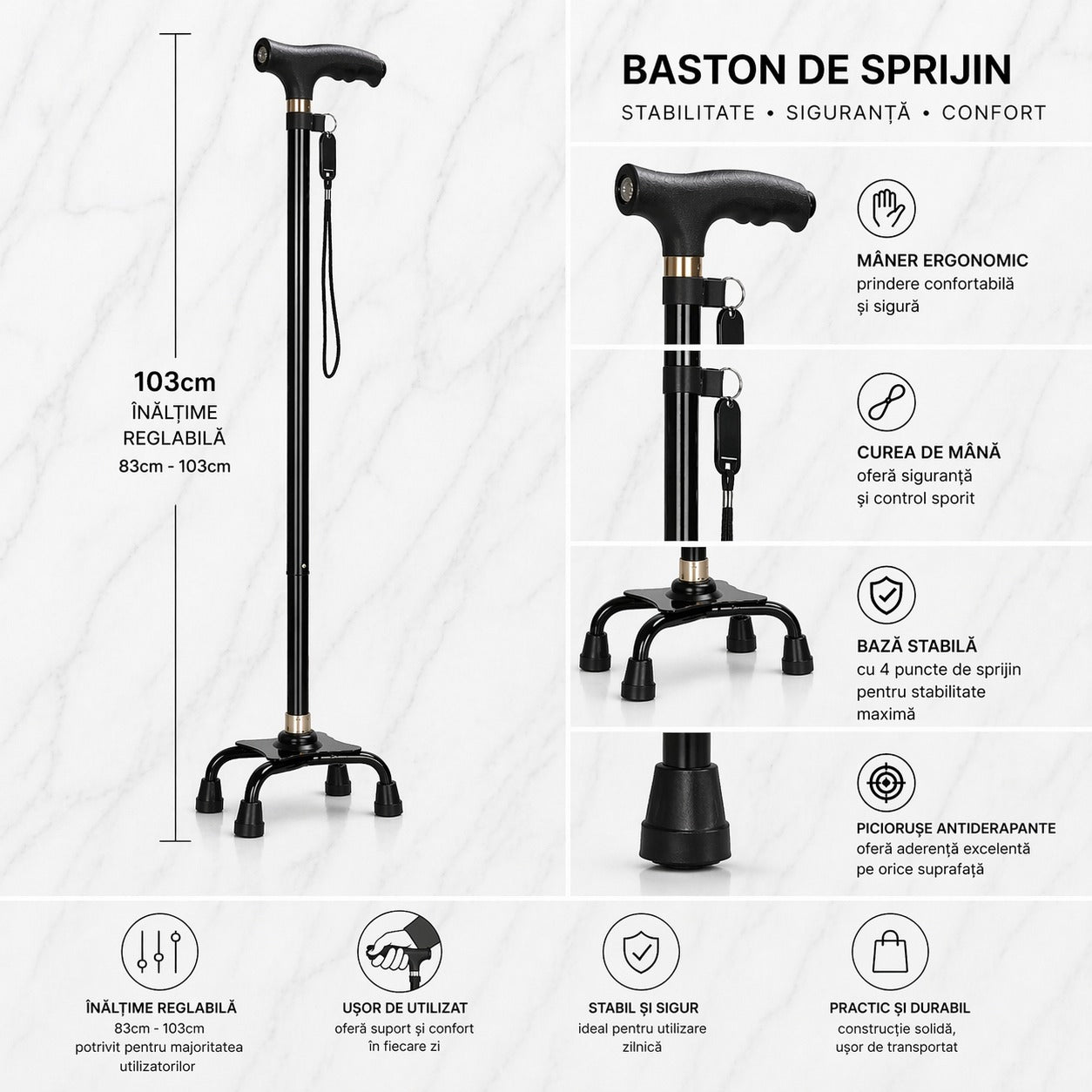 Baston de sprijin reglabil cu 4 puncte de sustinere, greutate suportata 110 kg, negru