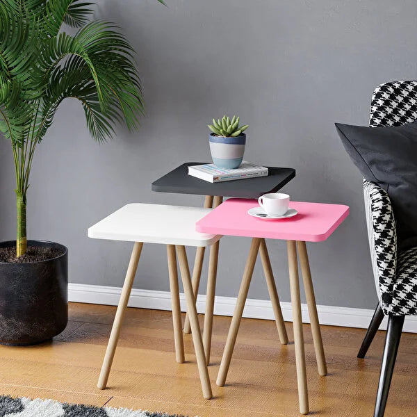 Set 3 masute decorative cu picioare din lemn 34x34 cm, 3 inaltimi (41 / 45 / 49 cm)