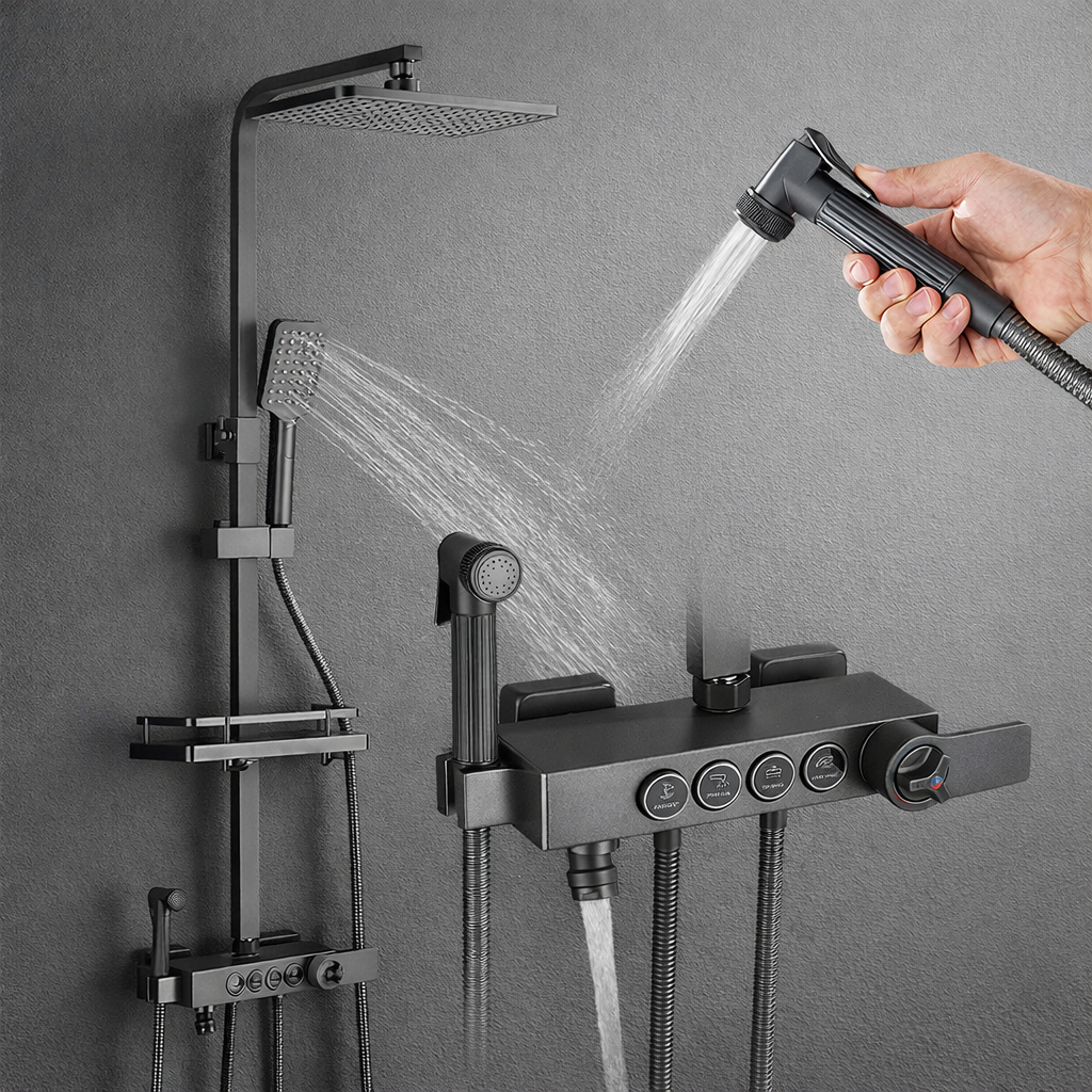 Coloana dus premium, cu termostat, 4 functii – set complet baie moderna