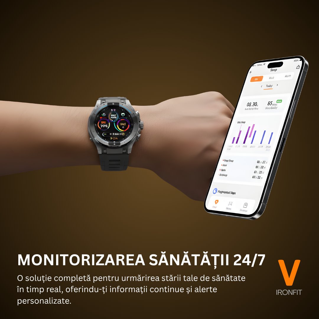 Ceas Smartwatch Barbati IRONFIT, Ecran AMOLED 1.43", Fitness, Sport, Apel Bluetooth, Notificari Limba Romana, Microfon HD, Rezistent Apa 5ATM, 2 Curele Incluse, Negru
