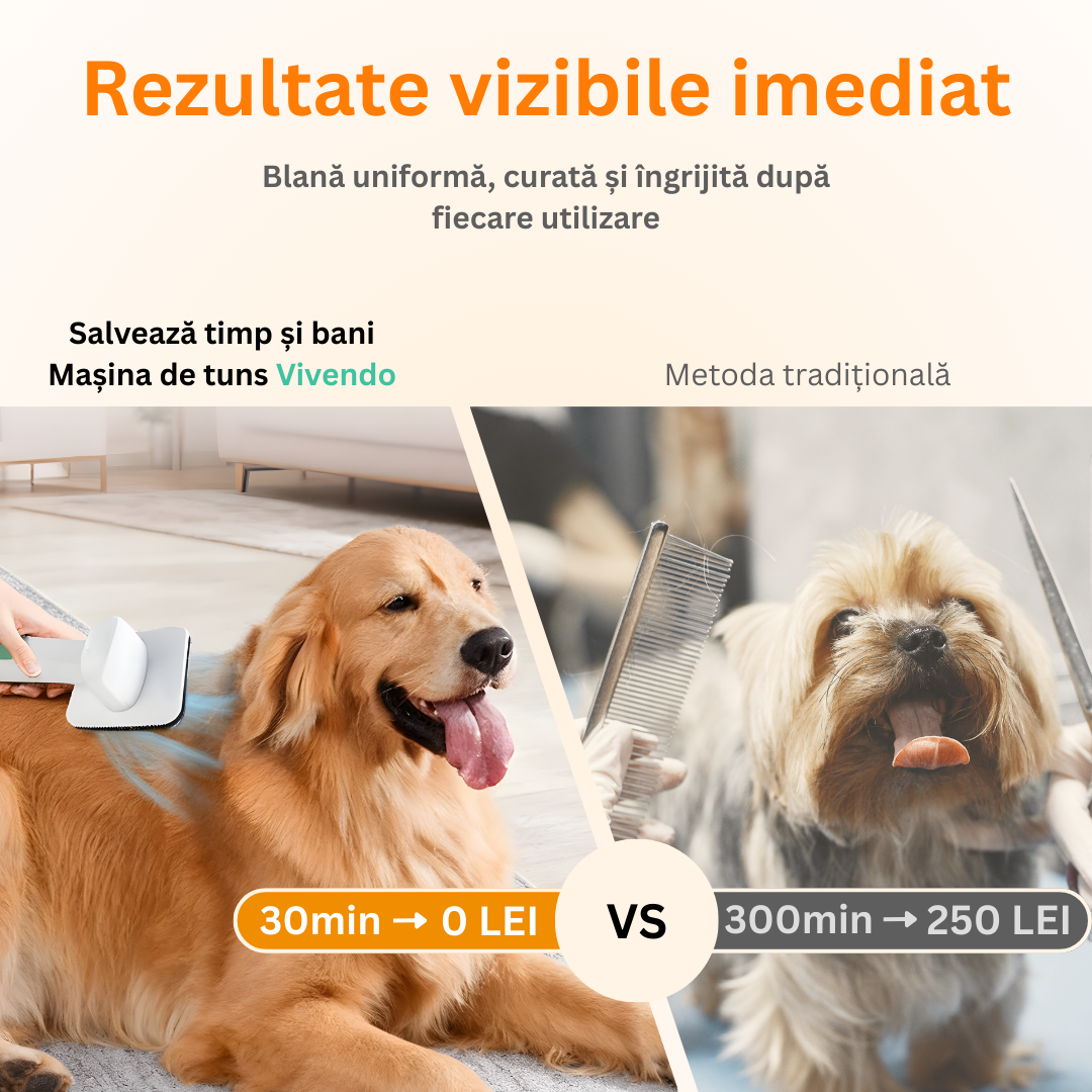 Masina de tuns animale 5 in 1 cu Aspirator integrat – Caini si Pisici, 6 dimensiuni de tuns, zgomot redus, Alb