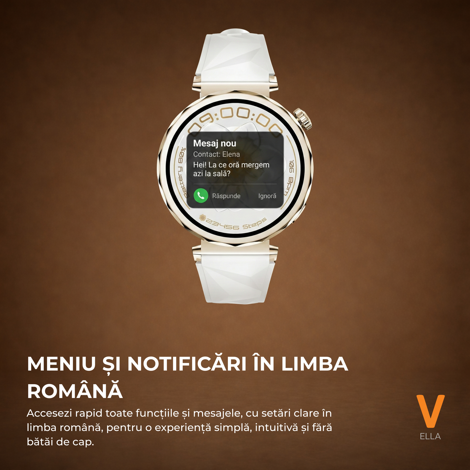 Ceas Smartwatch Dama ELLA Vivendo®, Ecran AMOLED 1.32", Fitness, Apel Bluetooth, Notificari Limba Romana, Asistent Vocal & ChatGPT AI, Incarcare Wireless, Rezistent Apa IP68, 2 Curele Incluse