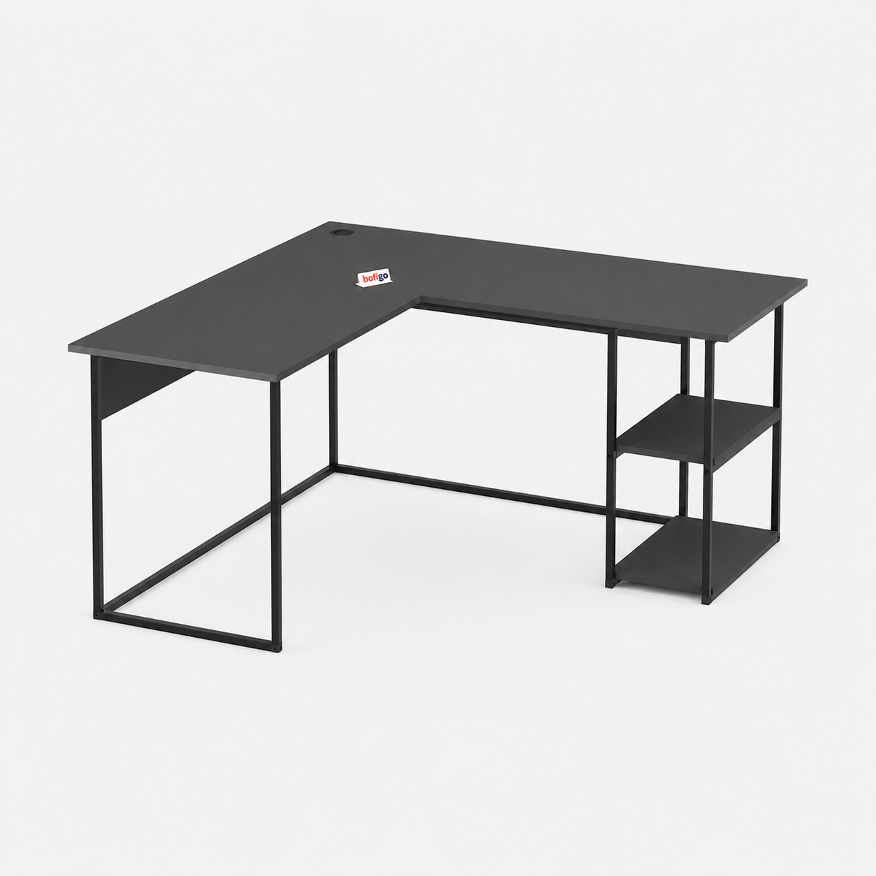 Birou de colt in forma L 140x147,8x73,8 cm, cu rafturi integrate si cadru metalic, pentru home office sau birou
