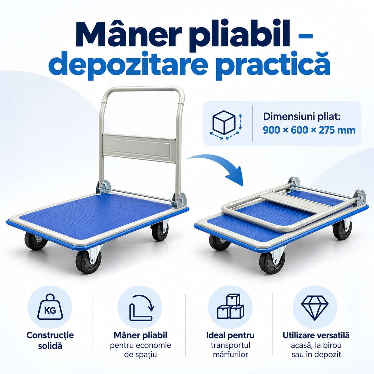 Carucior Platforma Pliabil Transport Marfa 300 kg 900x600 mm 4 Roti TPR Silentioase Maner Rabatabil Albastru - detaliu produs