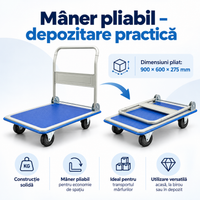 Carucior Platforma Pliabil Transport Marfa 300 kg 900x600 mm 4 Roti TPR Silentioase Maner Rabatabil Albastru - detaliu produs