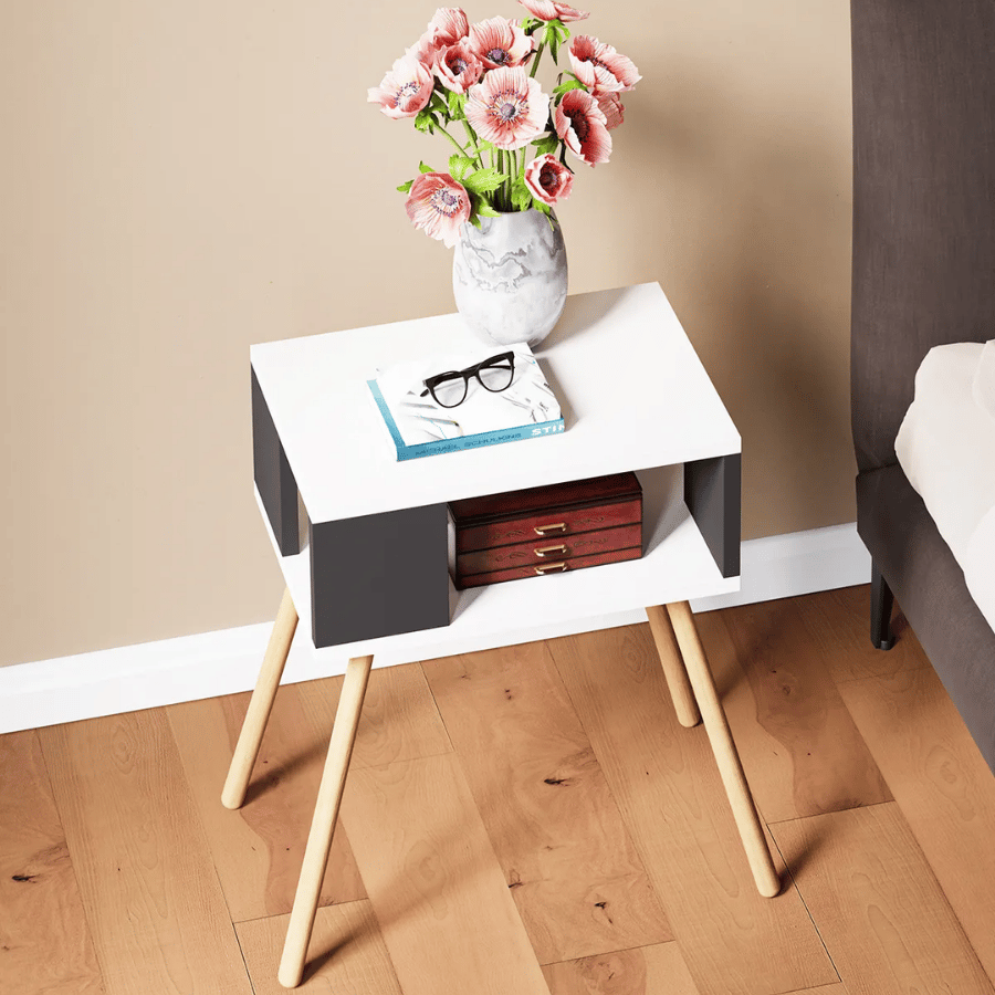 Noptiera cu picioare din lemn si raft deschis, 44 x 29 x 18 cm, stil scandinav modern