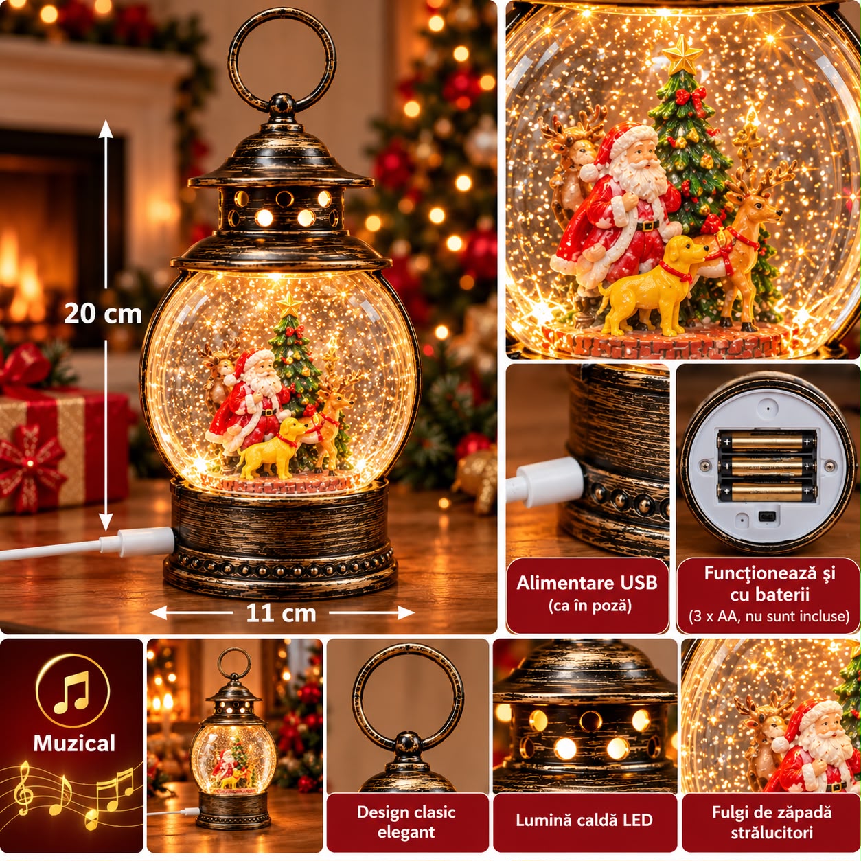 Felinar Decorativ Premium de Crăciun cu Moș Crăciun, Muzică, Lumină Caldă LED și Efect de Ninsoare – 20 × 11 cm - imagine principala