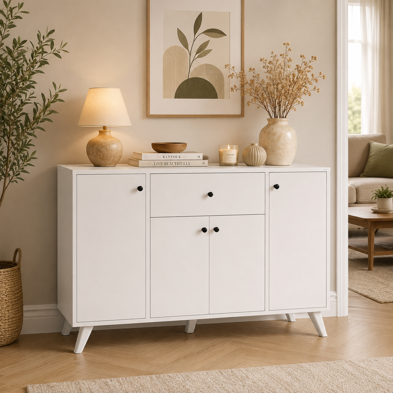Dulap multifunctional 120x43,4x89 cm, cu 4 usi si sertare, pentru bucatarie, camara sau colt de cafea, alb