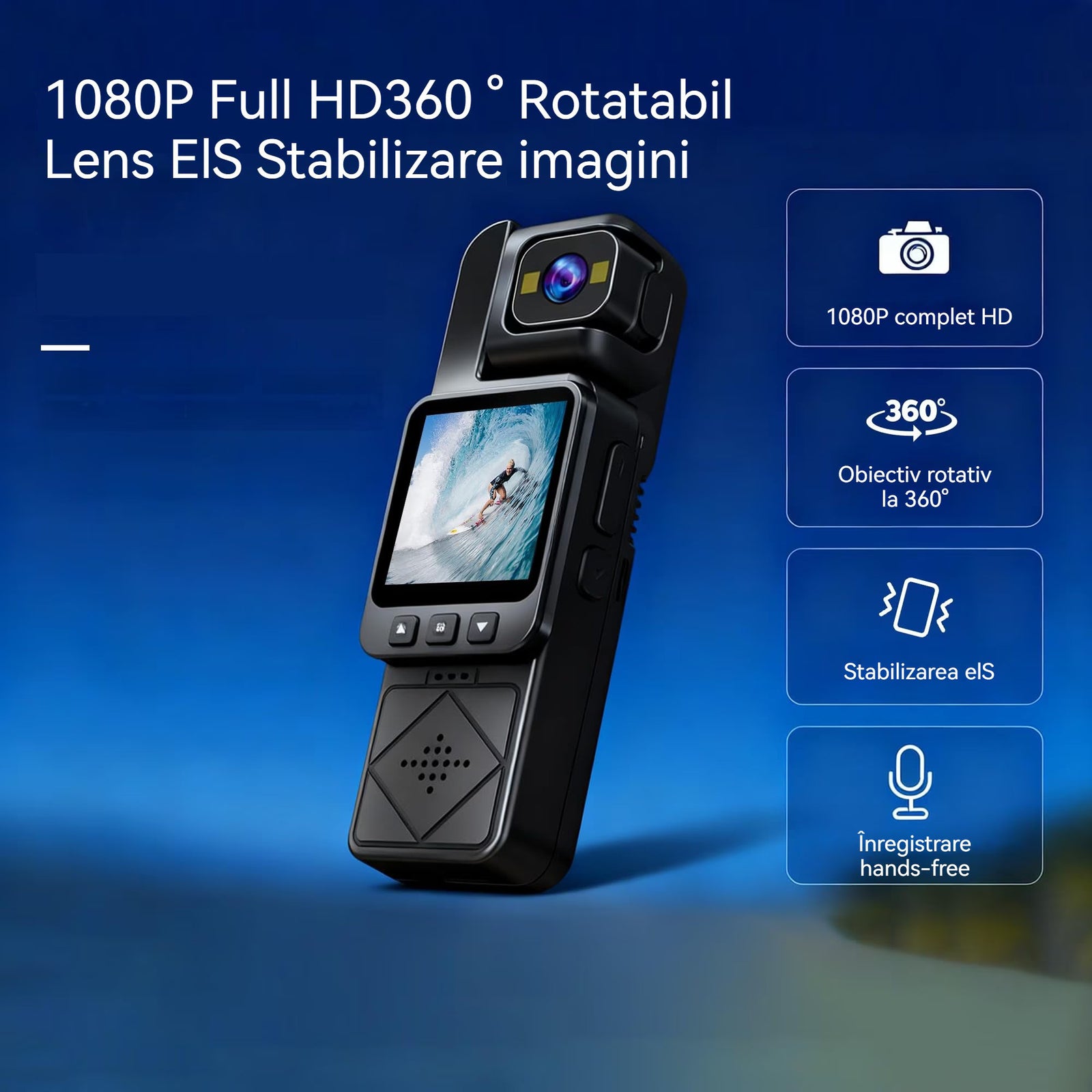 Camera Portabila Full HD 1080p Obiectiv Rotativ 360° Stabilizare Imagine Sport Mini - detaliu produs