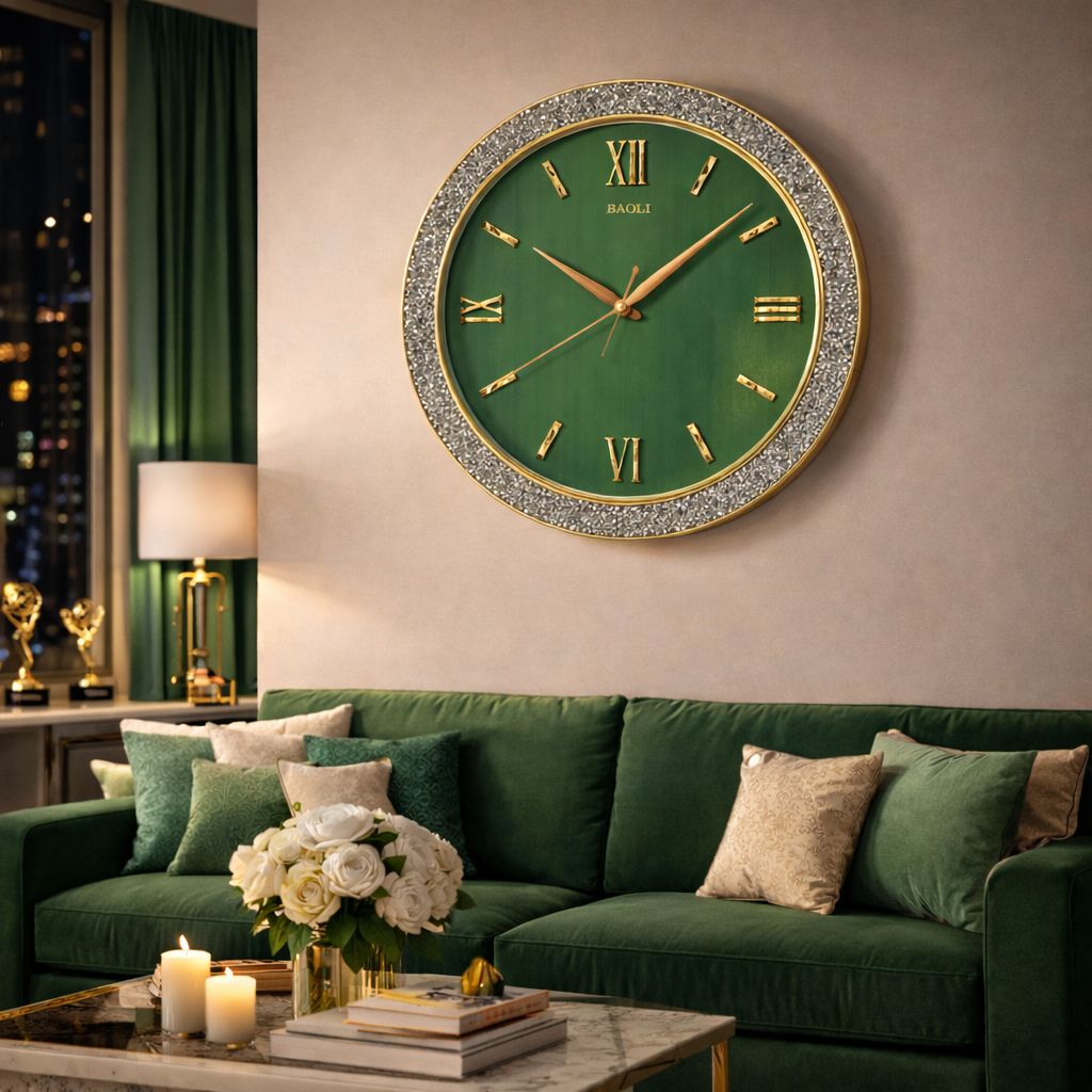 Ceas de perete decorativ cu pietricele stralucitoare si cifre romane aurii, 40cm