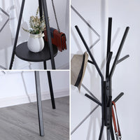 Cuier haine cu suport din lemn pentru accesorii, 9 carlige, otel carbon, 180 x 45 cm, negru - imagine 10