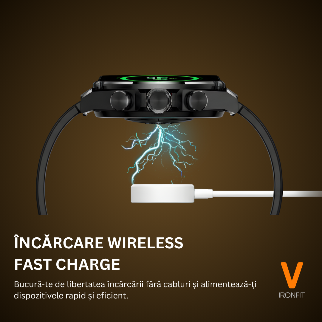 Ceas Smartwatch Barbati IRONFIT, Ecran AMOLED 1.43", Fitness, Sport, Apel Bluetooth, Notificari Limba Romana, Microfon HD, Rezistent Apa 5ATM, 2 Curele Incluse, Negru