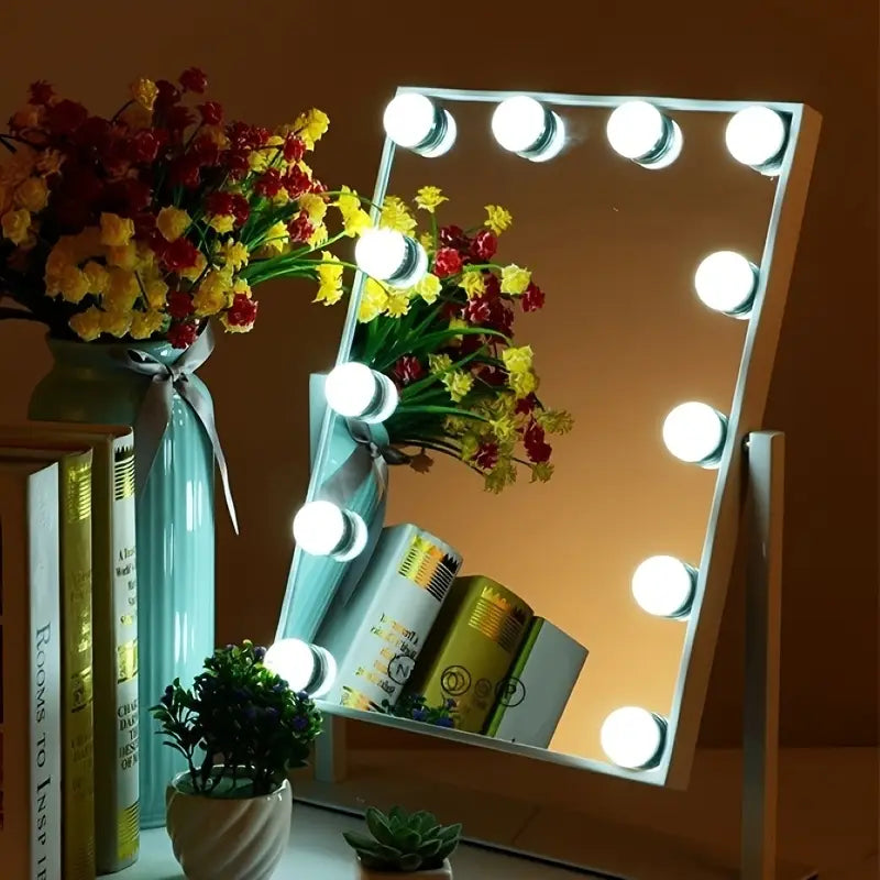 Oglinda machiaj profesionala cu suport metalic, Smart Touch, 9 becuri LED si 3 moduri de iluminare, 26 x 31cm