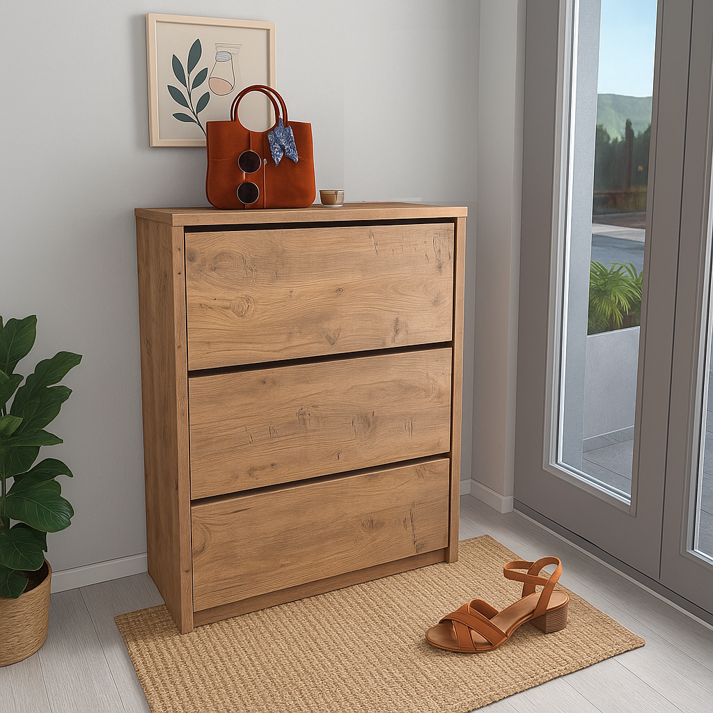 Pantofar cu usa rabatabila si rafturi glisante, 3 compartimente, PAL melaminat de 18 mm, 110  x 73,5  x 22 cm