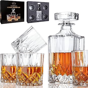 Set decantor whisky 830ml, cu 4 pahare din cristal