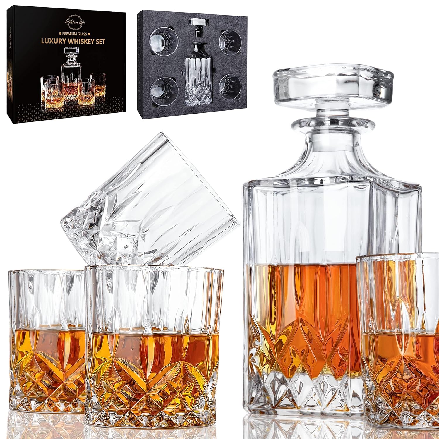 Set decantor whisky 830ml, cu 4 pahare din cristal